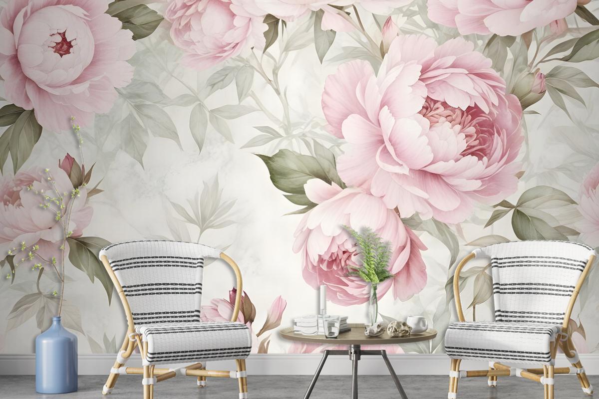 Watercolor Pink Peony Floral Blossom Wallpaper Mural