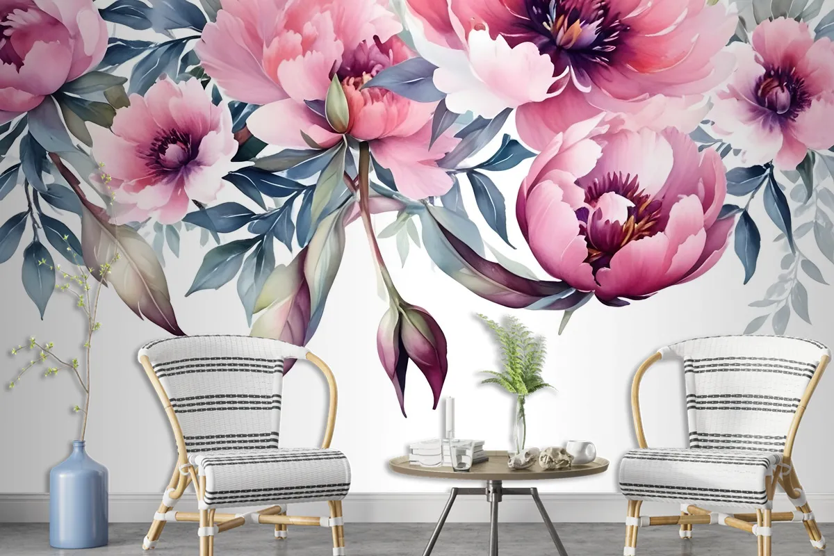 Watercolor Pink Peony Flower Wallpaper Mural