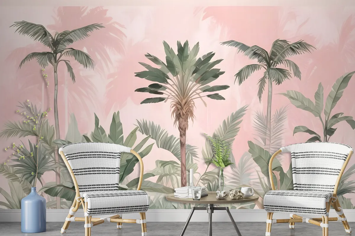 Watercolor Pink Tropical Chinoiserie Wallpaper Mural