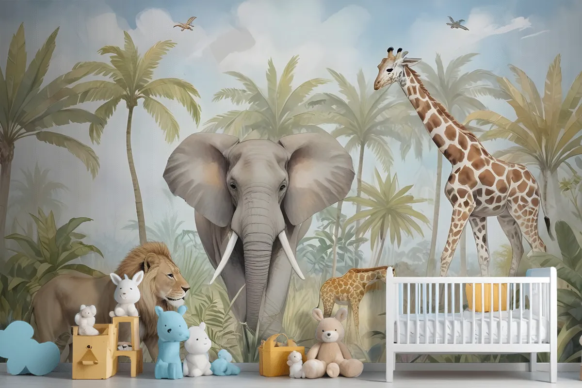 Watercolor Safari Animals In Forest Wallpaper Mural