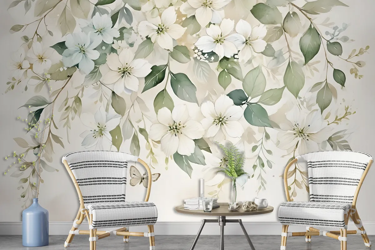 Watercolor Soft Floral With Green Leaves Wall Mural