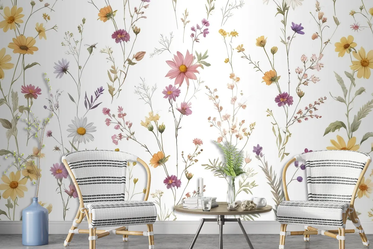 Watercolor Soft Wild Flowers Wallpaper Mural