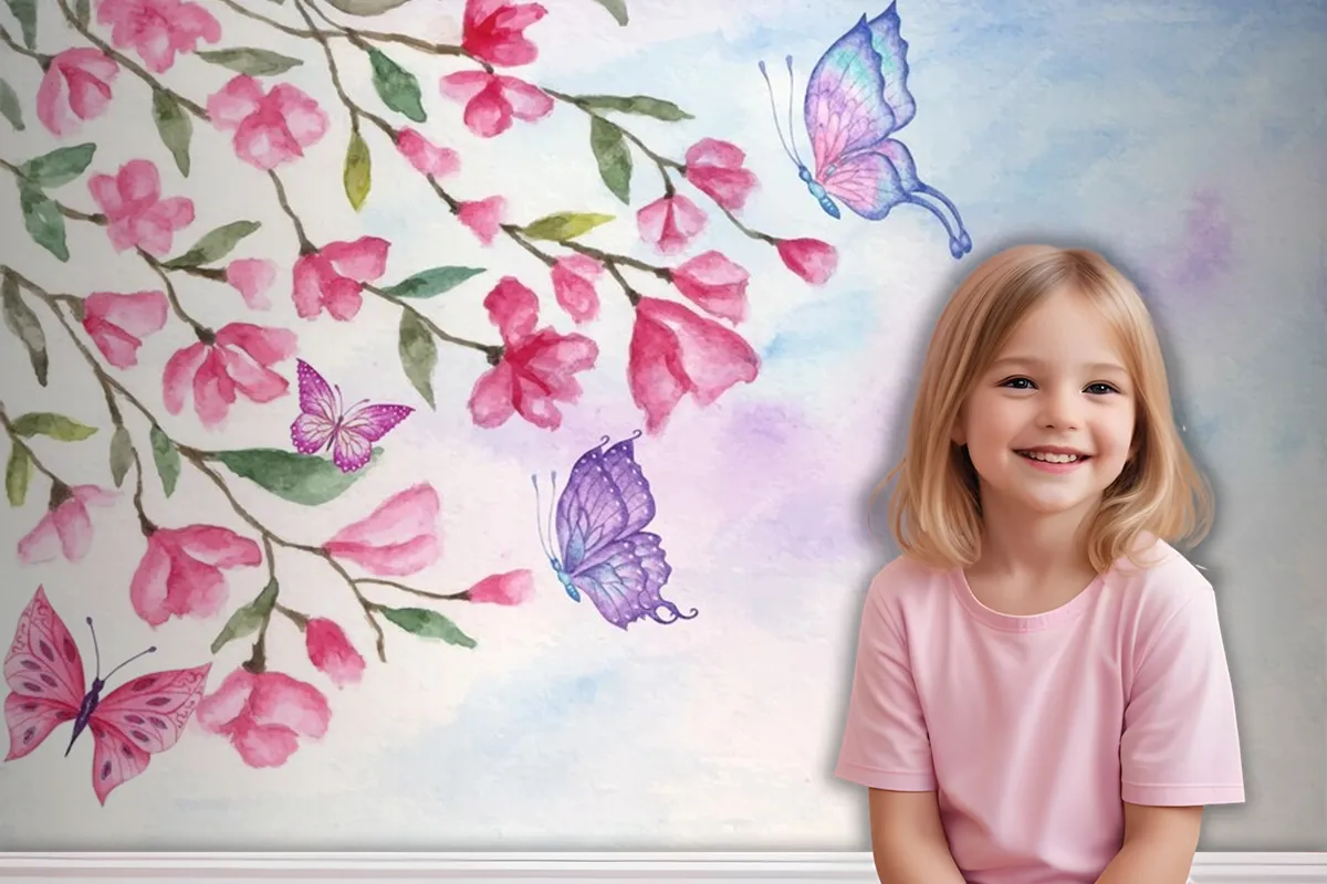 Watercolor Spring Landscape Background With Lovely Butterflies Wallpaper Mural