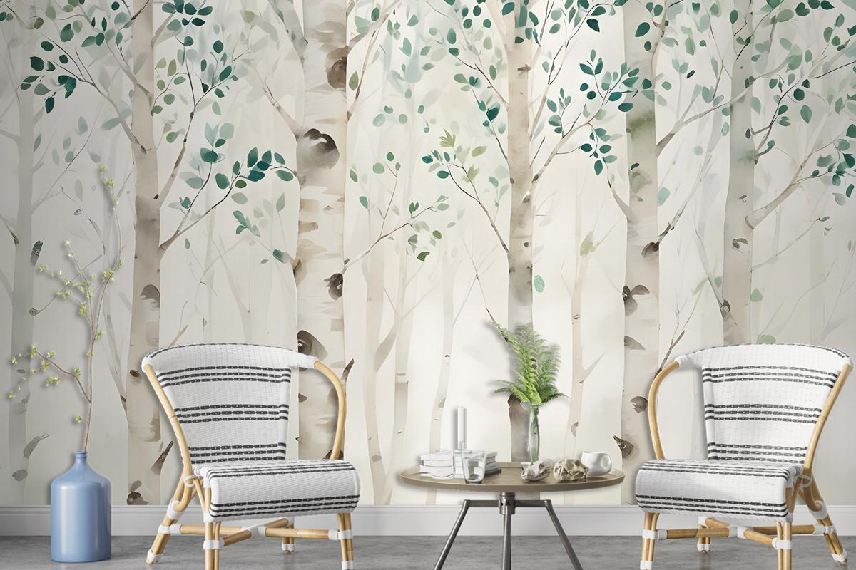 Watercolor Style Forest With Green Brown Little Leaves Wallpaper Mural