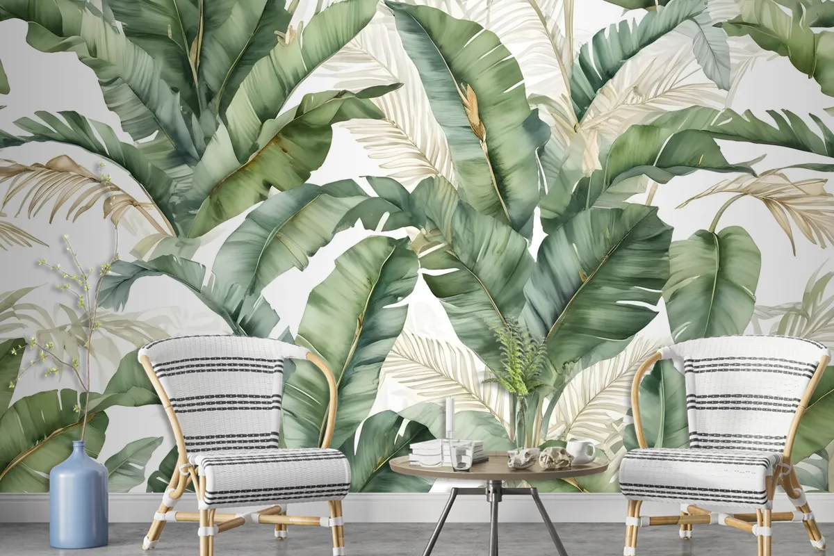 Watercolor Tropical Banana Leaf With Faux Gold Details Wallpaper Mural