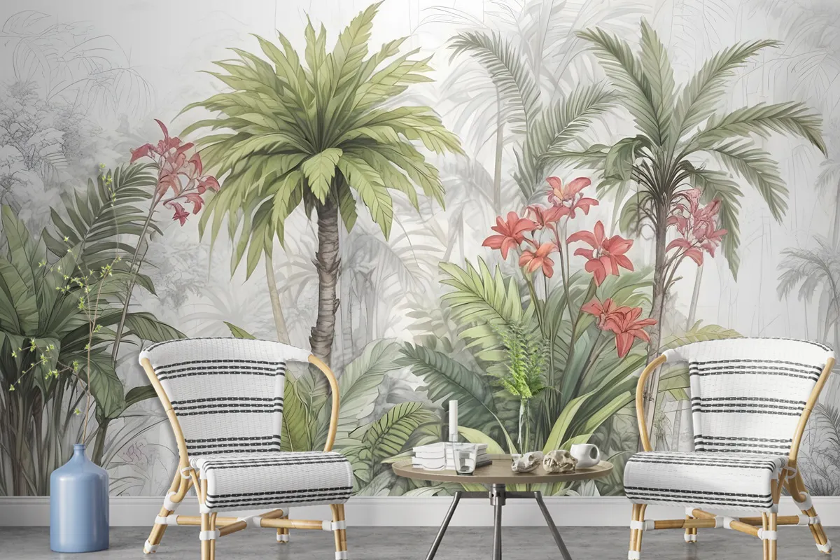 Watercolor Tropical Leaf And Flowers Wallpaper Mural