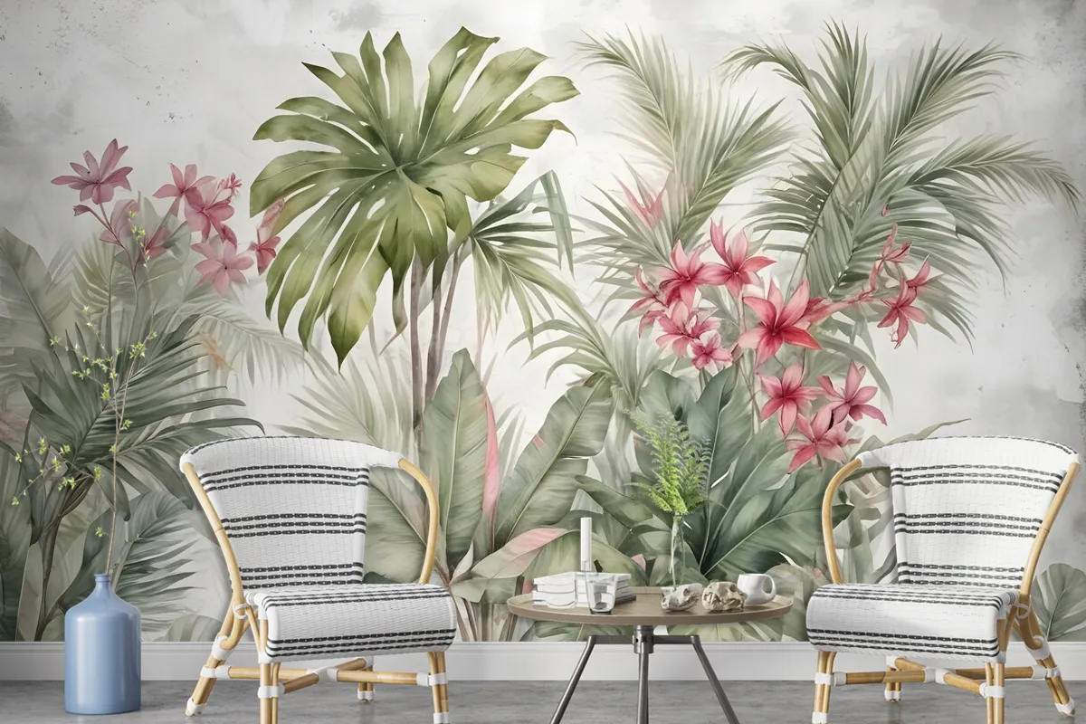 Watercolor Tropical Leaf And Flowers Wallpaper Mural