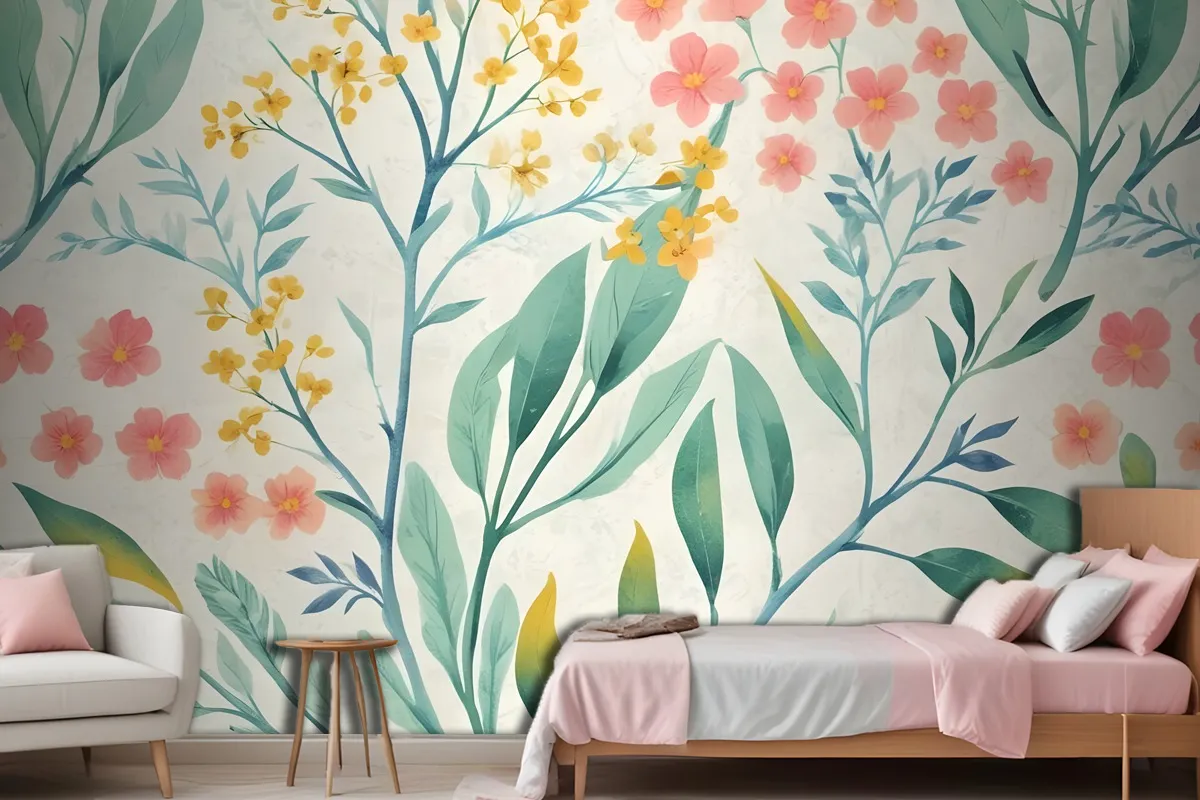 Watercolor Vintage Florals With Botanical Leaves Wallpaper Mural