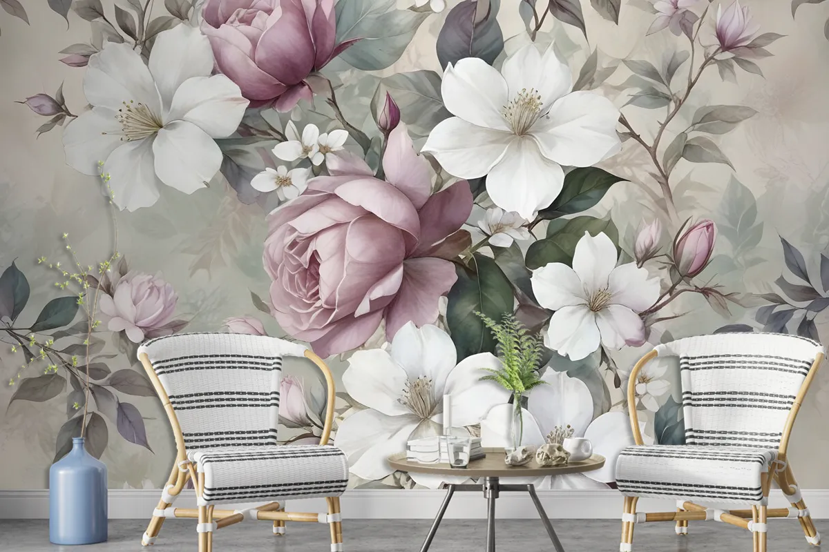 Watercolor Vintage Flower Wallpaper Mural