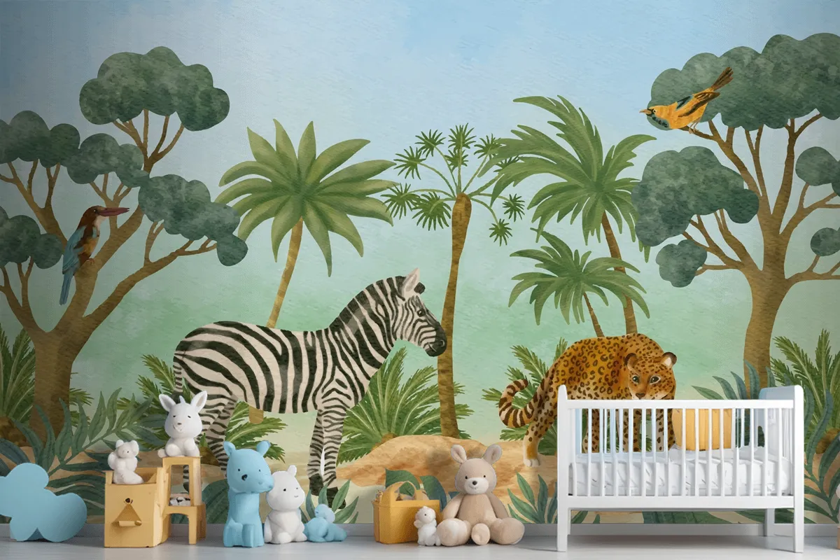 Watercolor Wildlife Background Kids Boy Wallpaper Mural