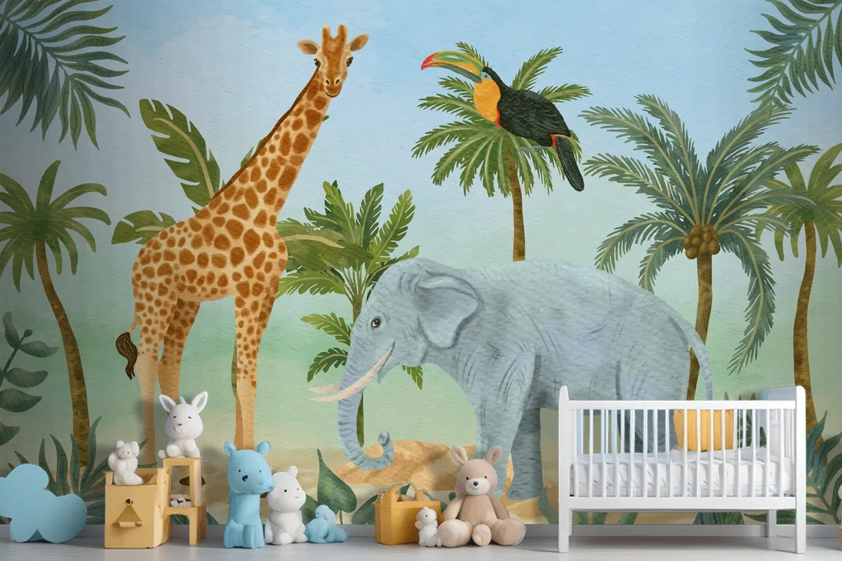 Watercolor Wildlife Background Kids Boys Wallpaper Mural