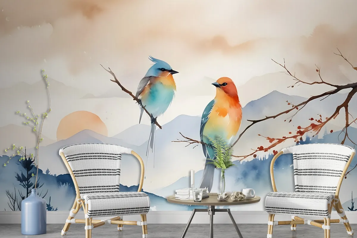 Watercolor Winter Landscape And Colorful Bird Wallpaper Mural