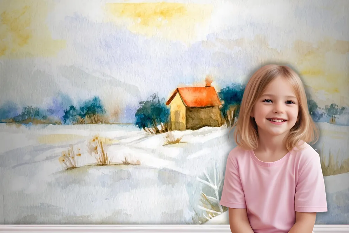 Watercolor Winter Landscape Girl Wallpaper Mural