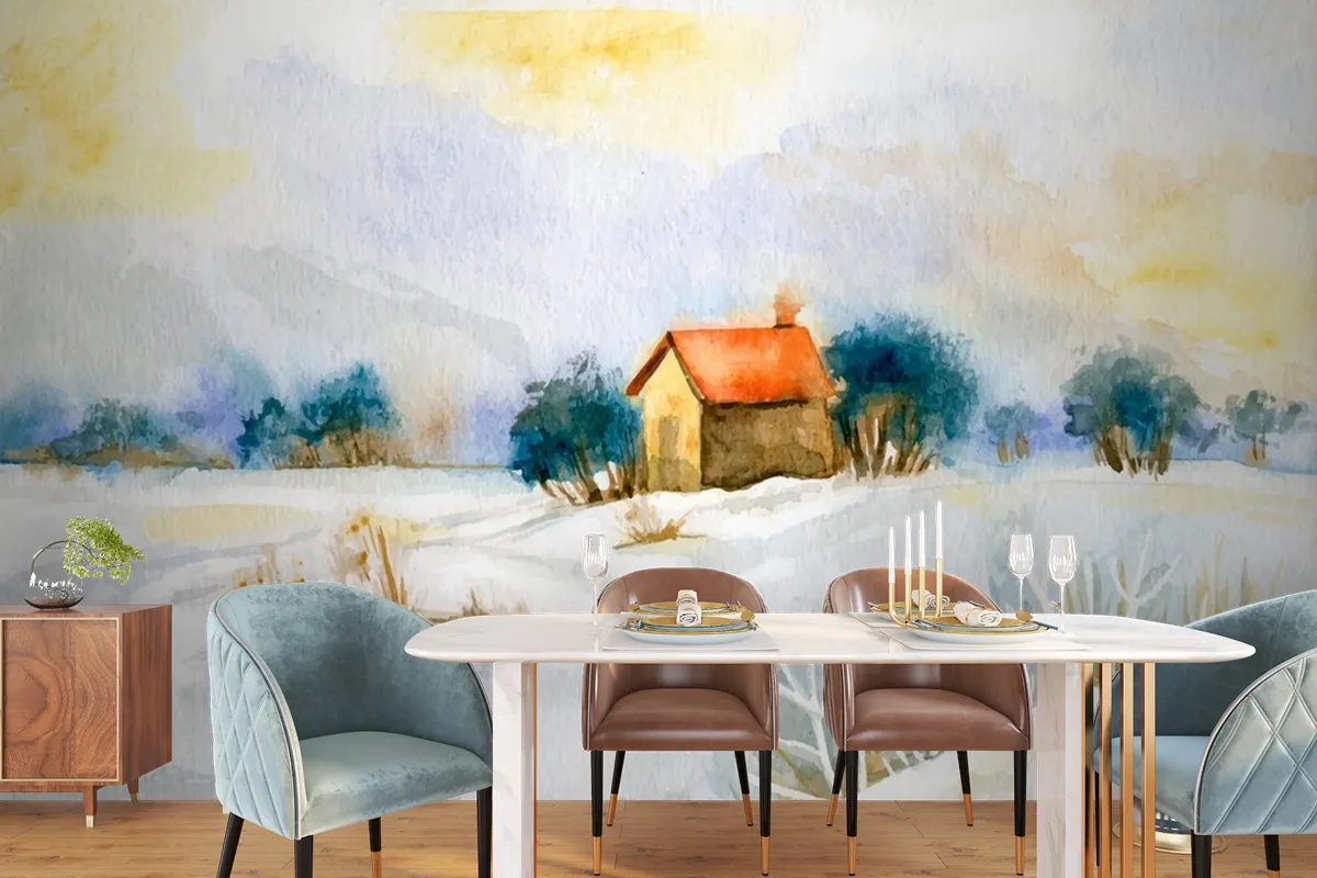 Watercolor Winter Landscape Wallpaper Mural