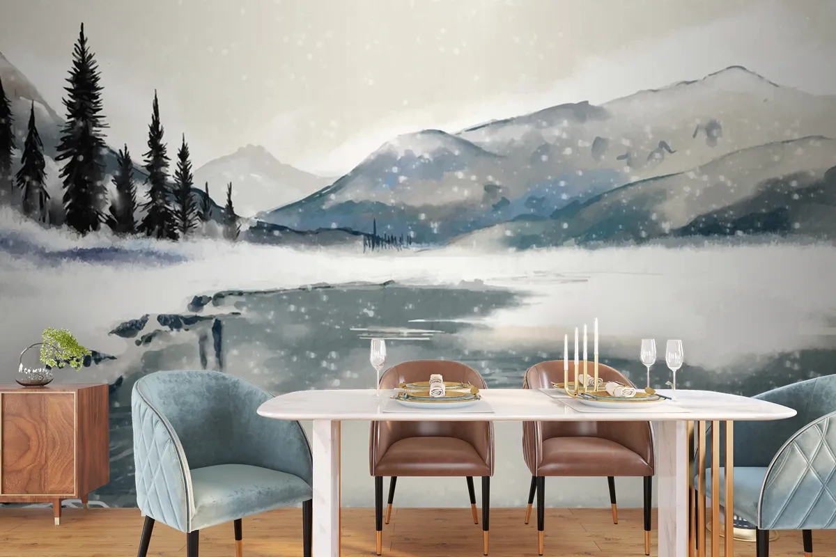 Watercolor Winter Landscape Dining Room Wallpaper Mural