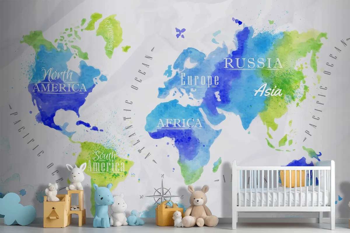 Watercolor World Map Kids Wallpaper Mural