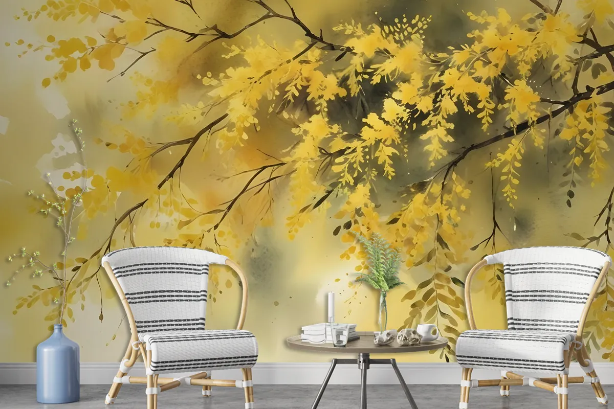 Watercolor Yellow Tree Landscape Wallpaper Mural