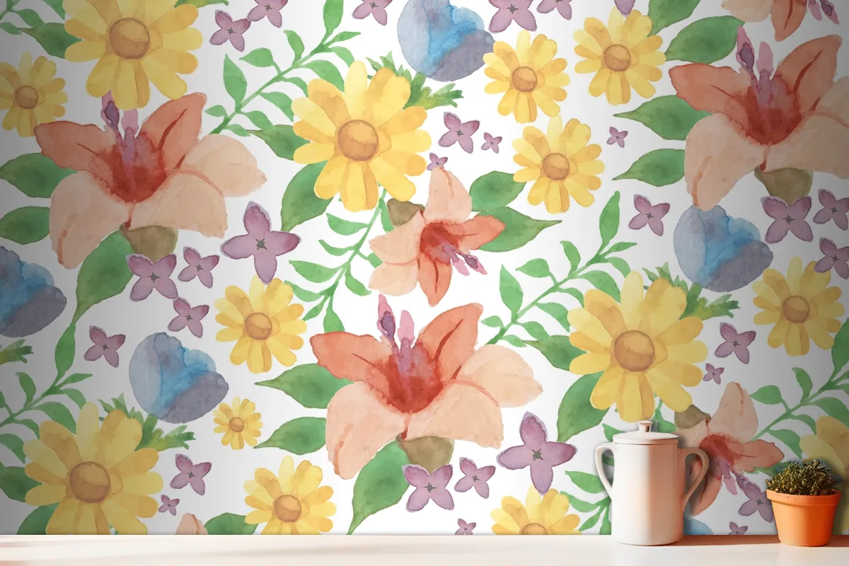 Watercolour Floral Background With Lilies Wallpaper Mural