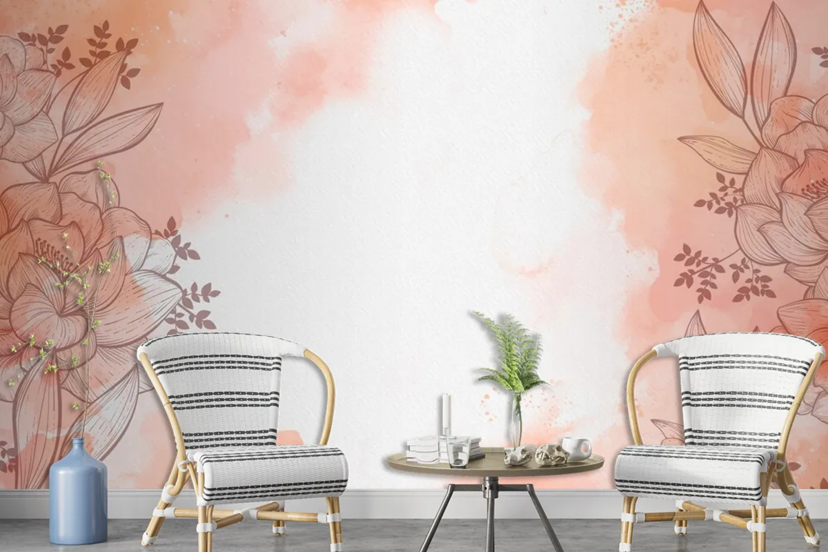 Watercolour With Hand Drawn Flowers Background Wallpaper Mural