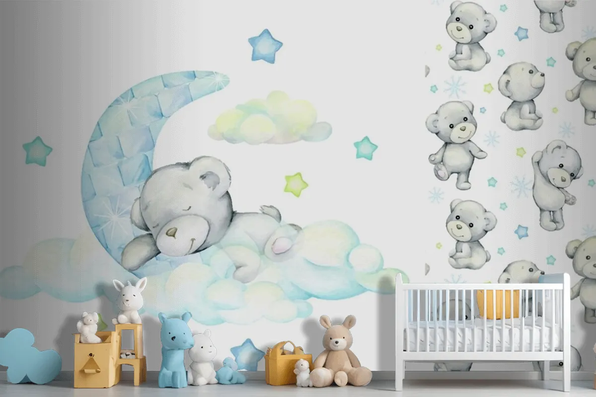 White Bear Sleeps On The Moon And Clouds Wallpaper Mural