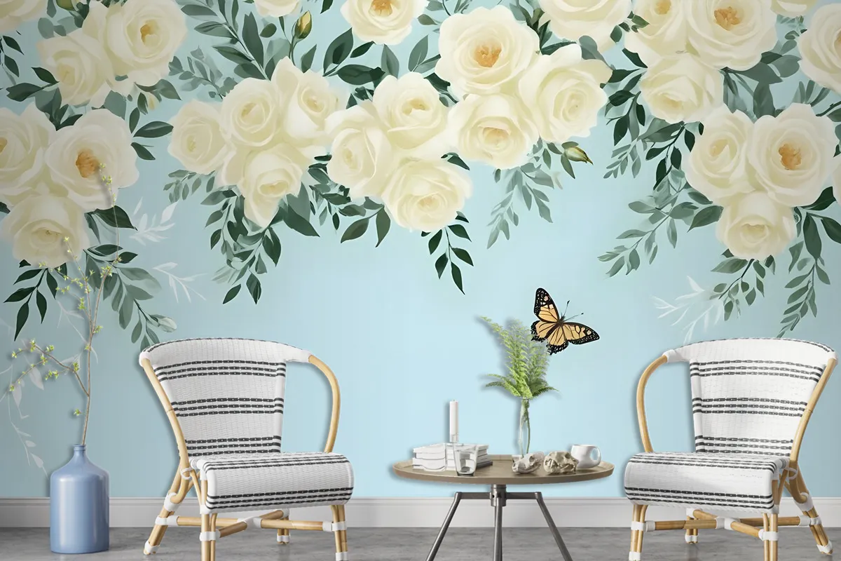 White Flowers And Yellow Butterfly Wallpaper Mural