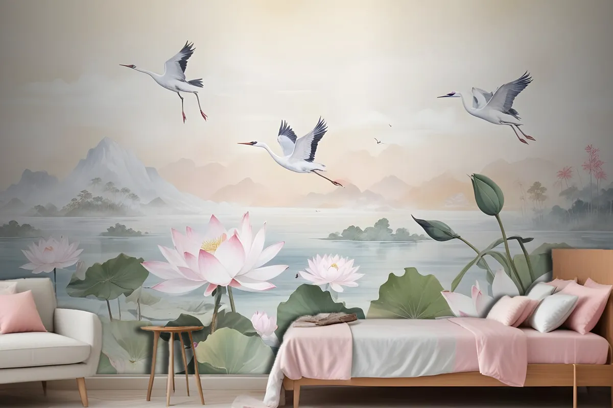 White Lotus Floral And Crane Birds Wallpaper Mural