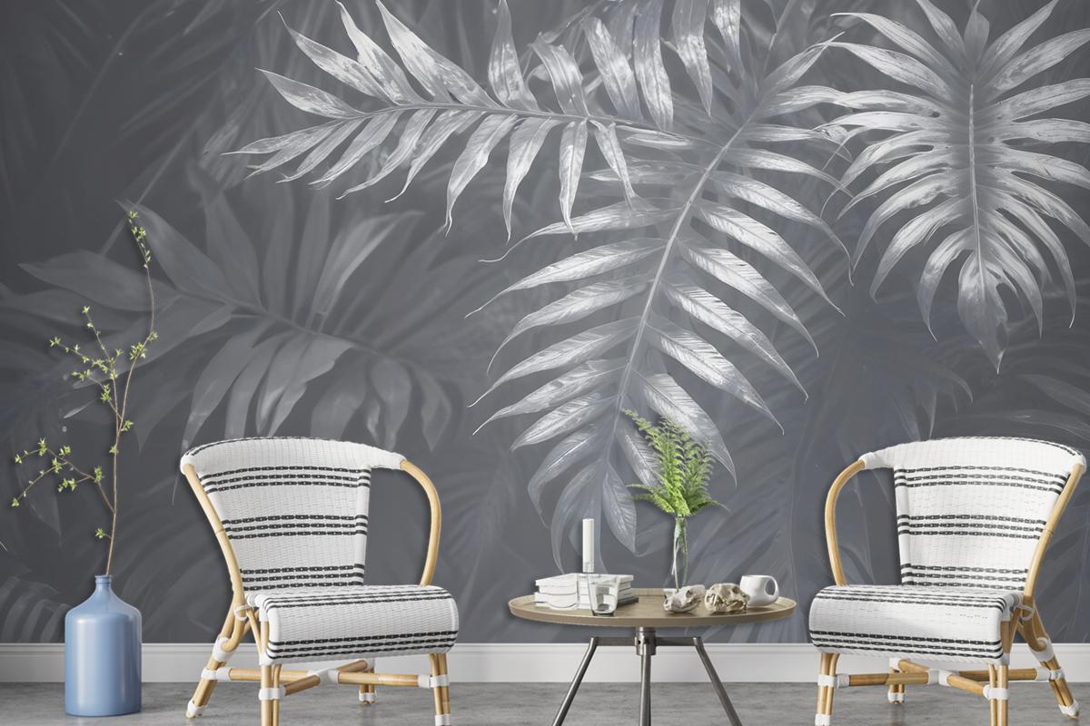 White Tropical Leafy Wallpaper Mural