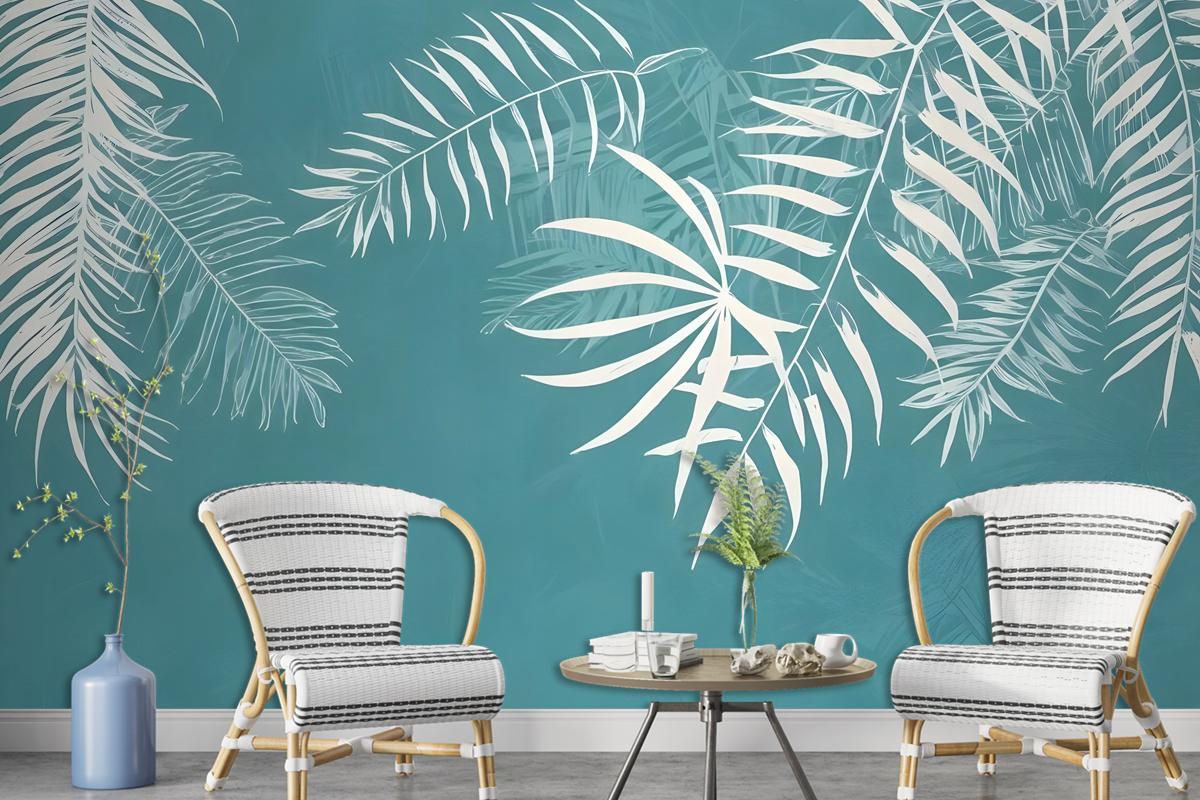 White Tropical Leaves Wallpaper Mural