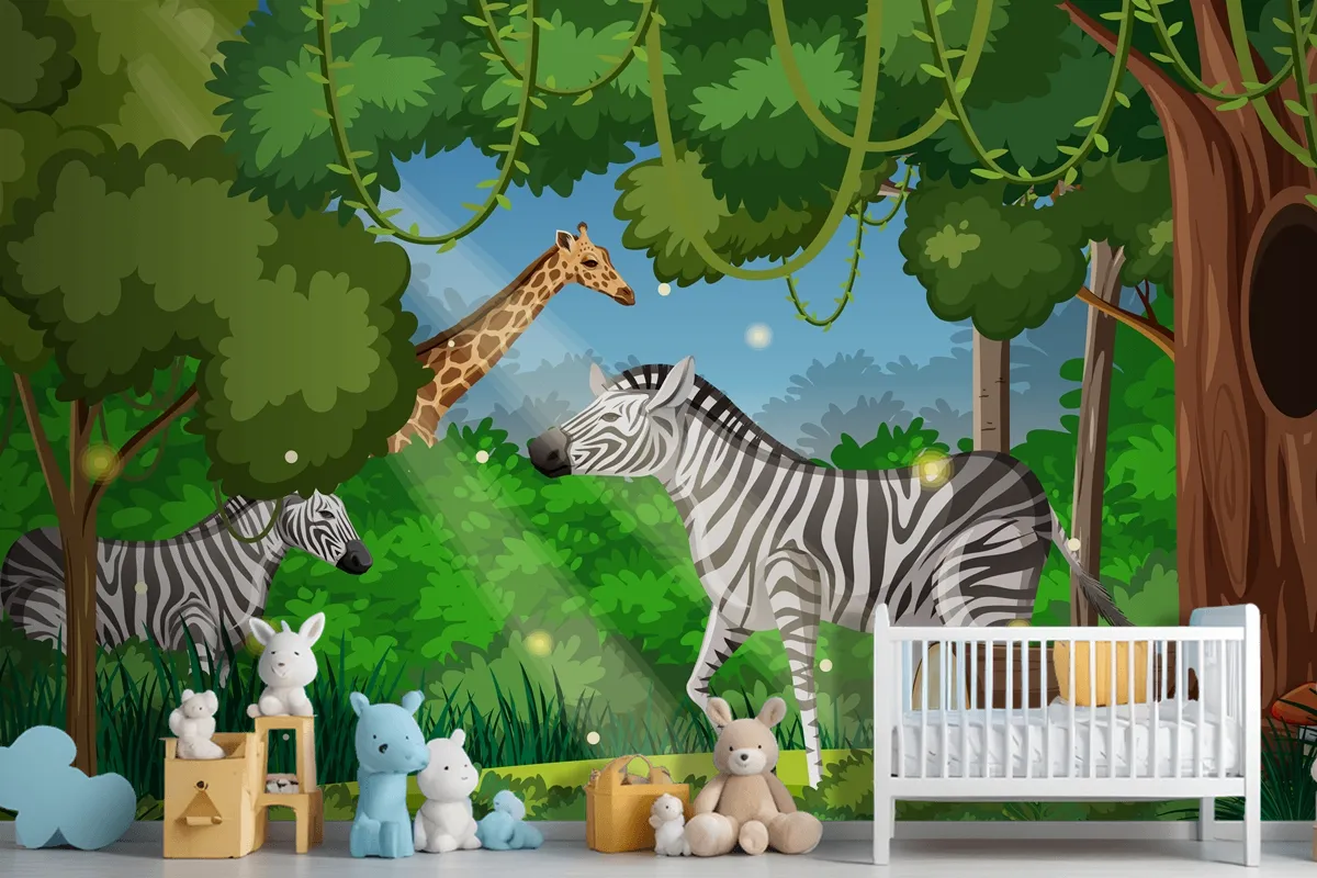 Wild Animals In Forest Landscape Wallpaper Mural