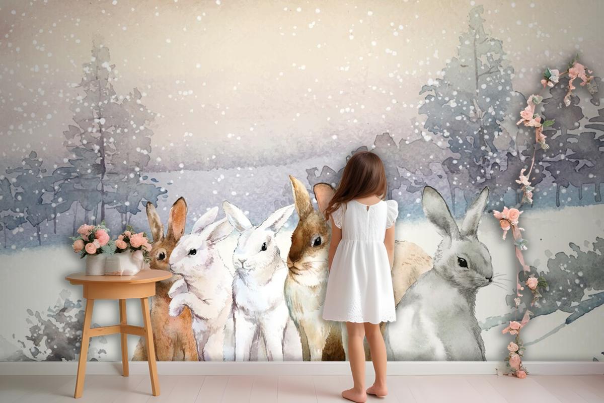 Wild Rabbits In The Winter Snow Painted By Watercolor Wallpaper Mural