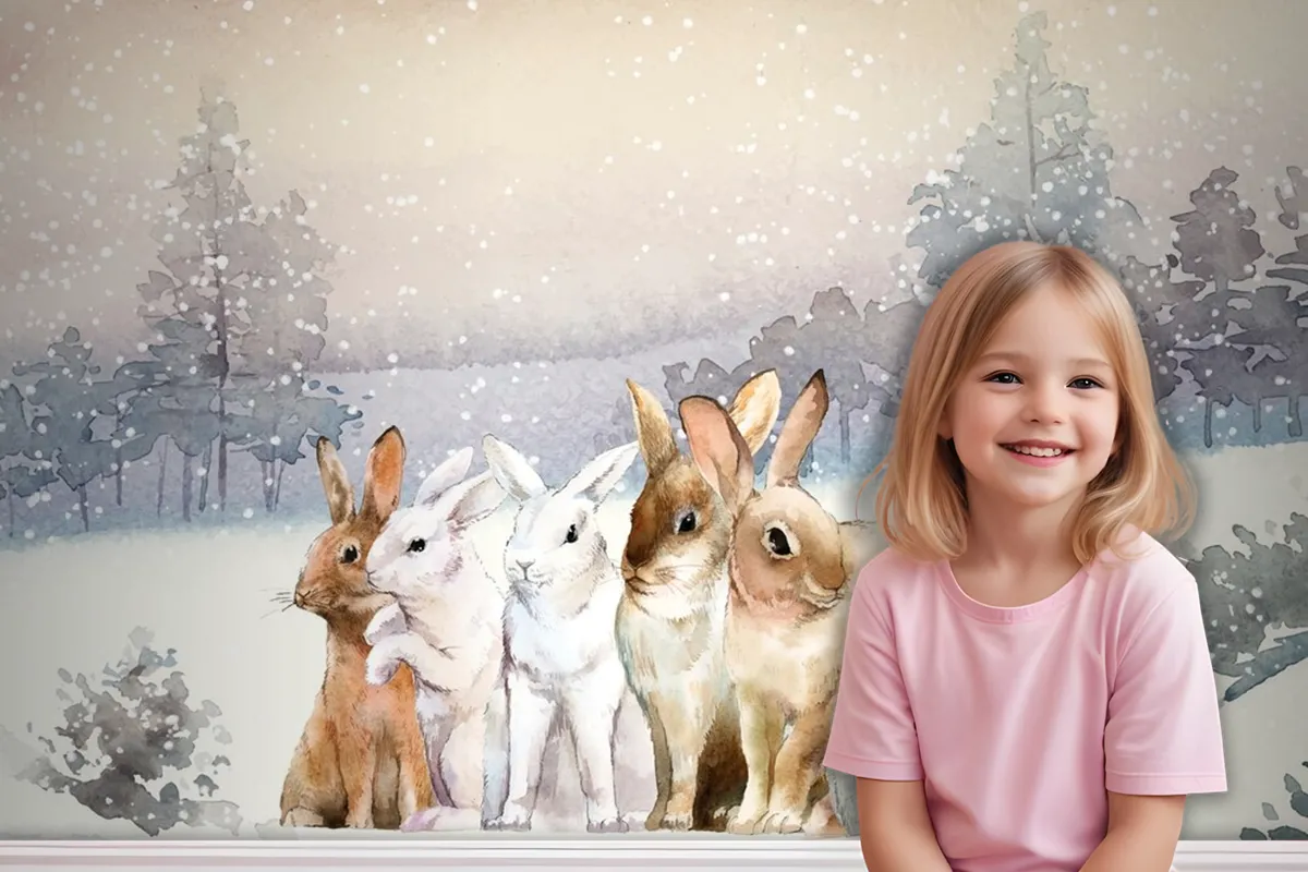 Wild Rabbits In The Winter Snow Painted By Watercolor Wallpaper Mural