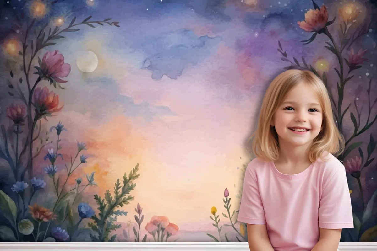 Wildflower Watercolor Background At Sunset Wallpaper Mural