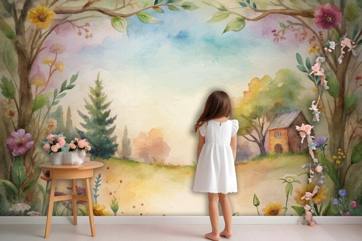 Wildflower Watercolor Background In The Countryside Wallpaper Mural