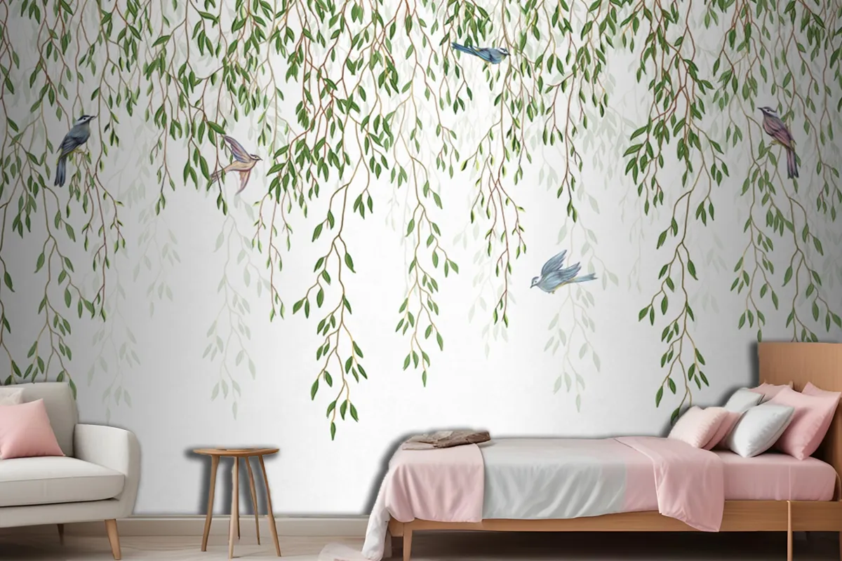 Willow Branches Hanging From Above With Birds On A White Background Wallpaper Mural