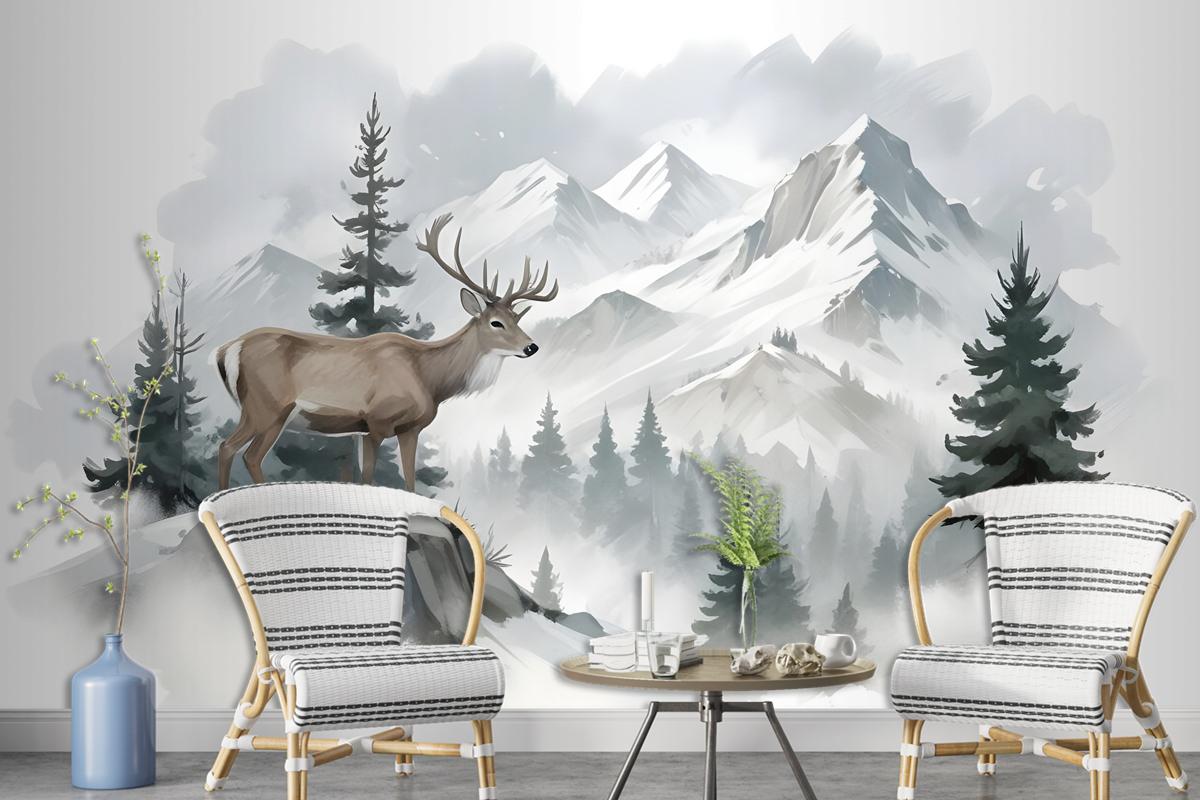 Winter Forest And Horned Deer Wallpaper Mural