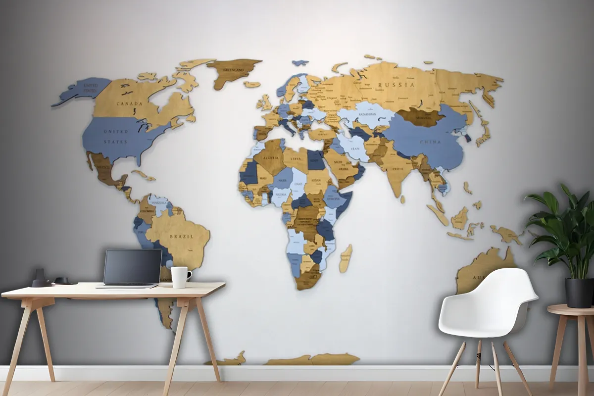 Wooden Color Multilayer World Map On A White Wallpaper Mural