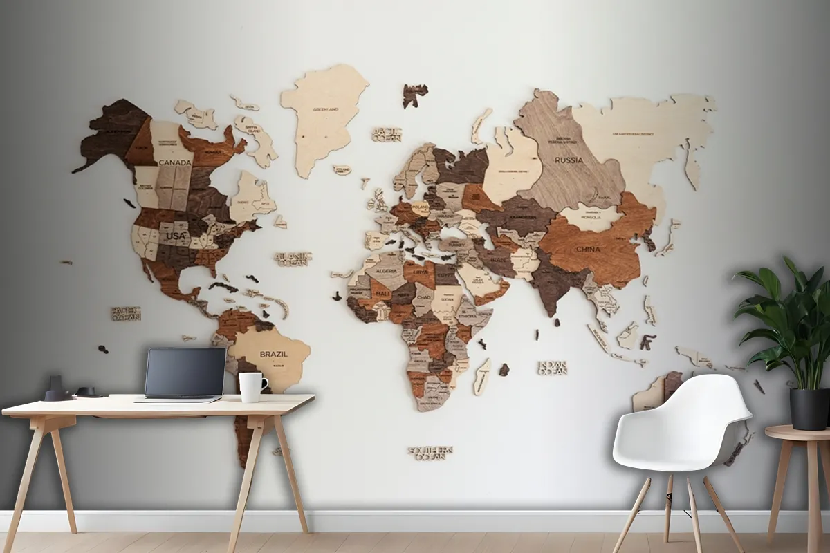 World Map Made Of Wood Crafts Wallpaper Mural