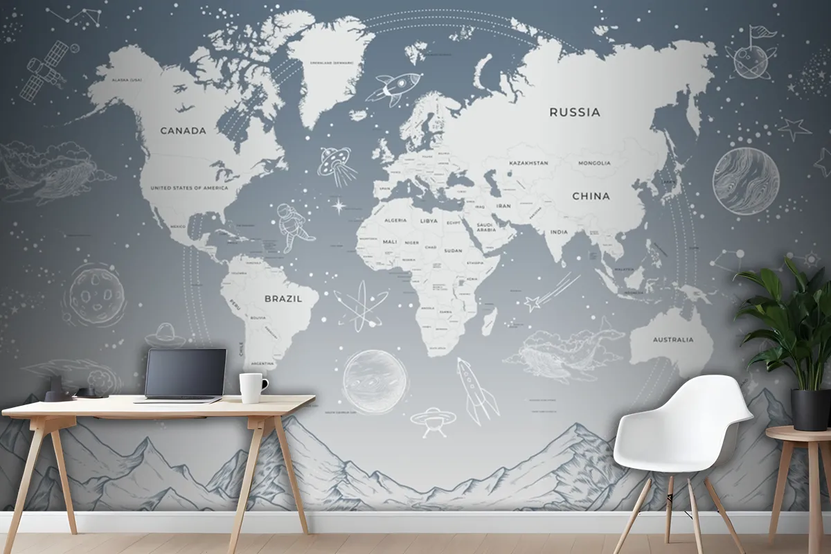 World Map Soft Blue Background Solar System Galaxy Space Wallpaper Mural