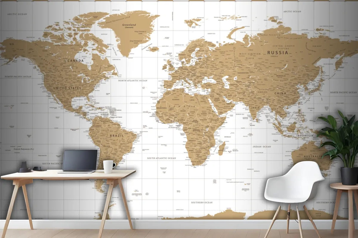 World Map Vintage Golden Political Wallpaper Mural