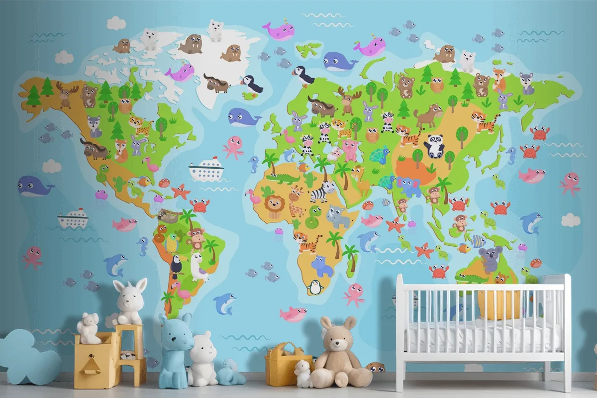 World Map With Animals For Kids Wallpaper Mural