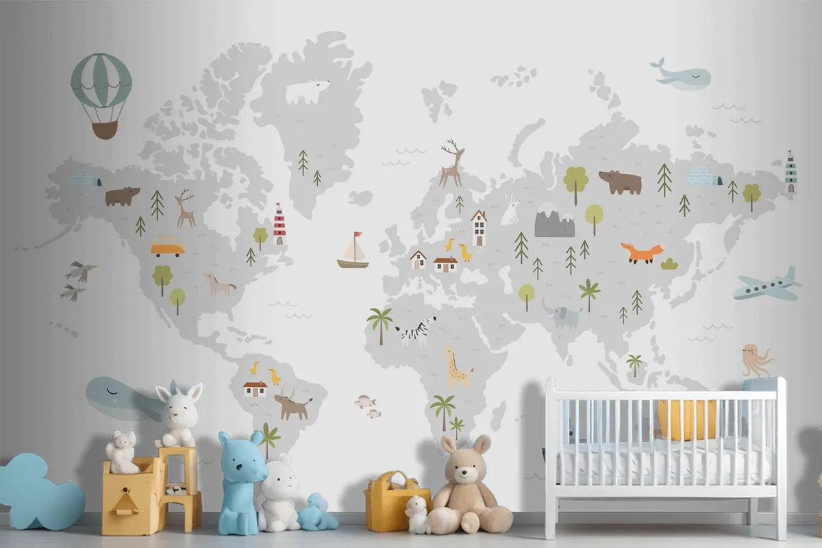 World Map With Animals Houses Nature Elements Wallpaper Mural