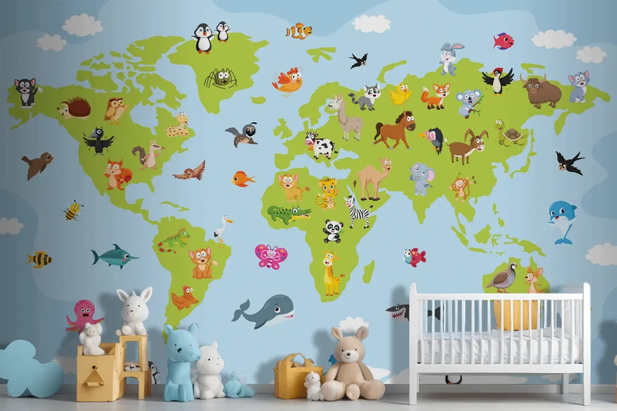 World Map With Cartoon Animals Wallpaper Mural