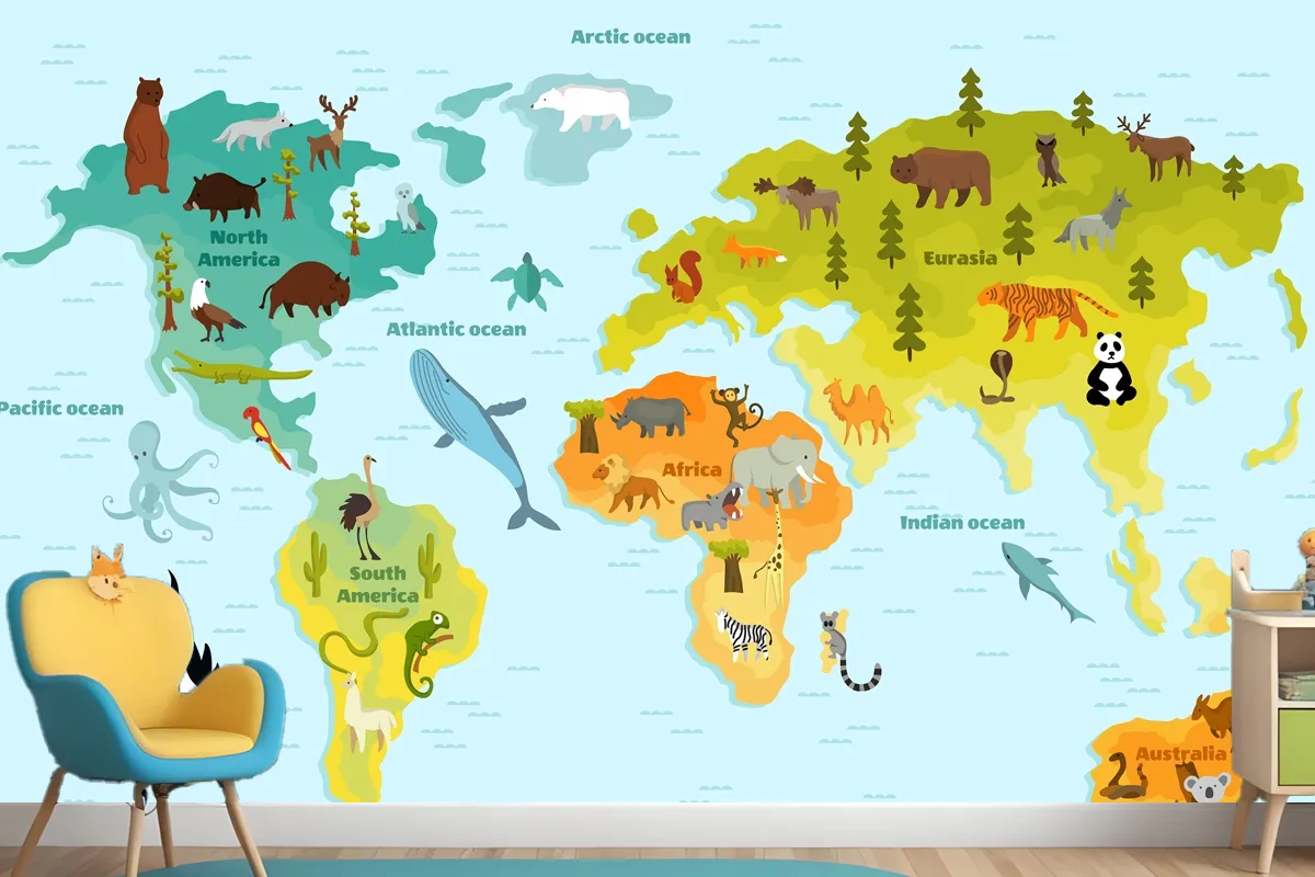 Funny Cartoon Animal World Map For Children With The Continents Wallpaper Mural