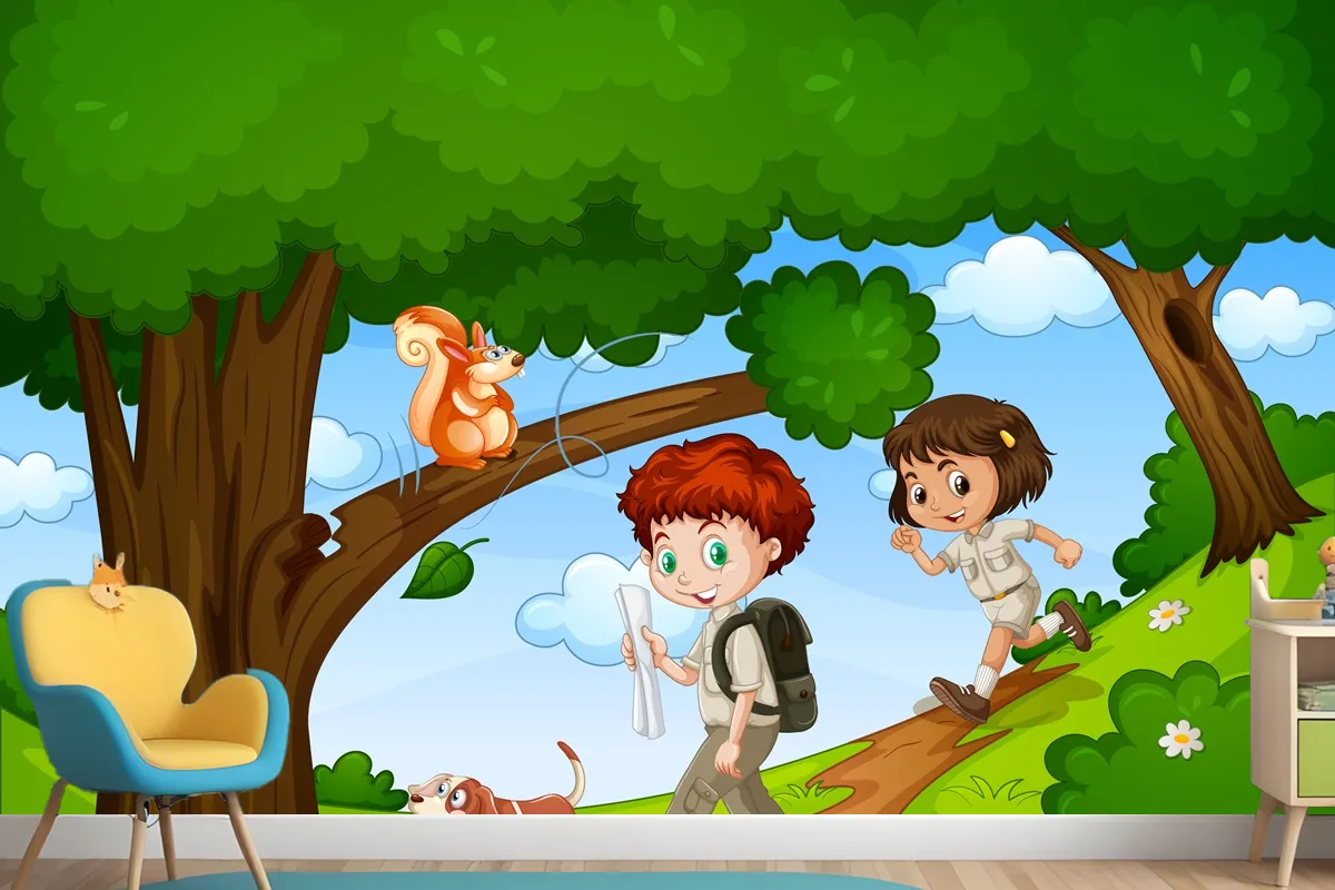 Boy And Girl Enjoy In The Park With Cute Animal Scene Wallpaper Mural