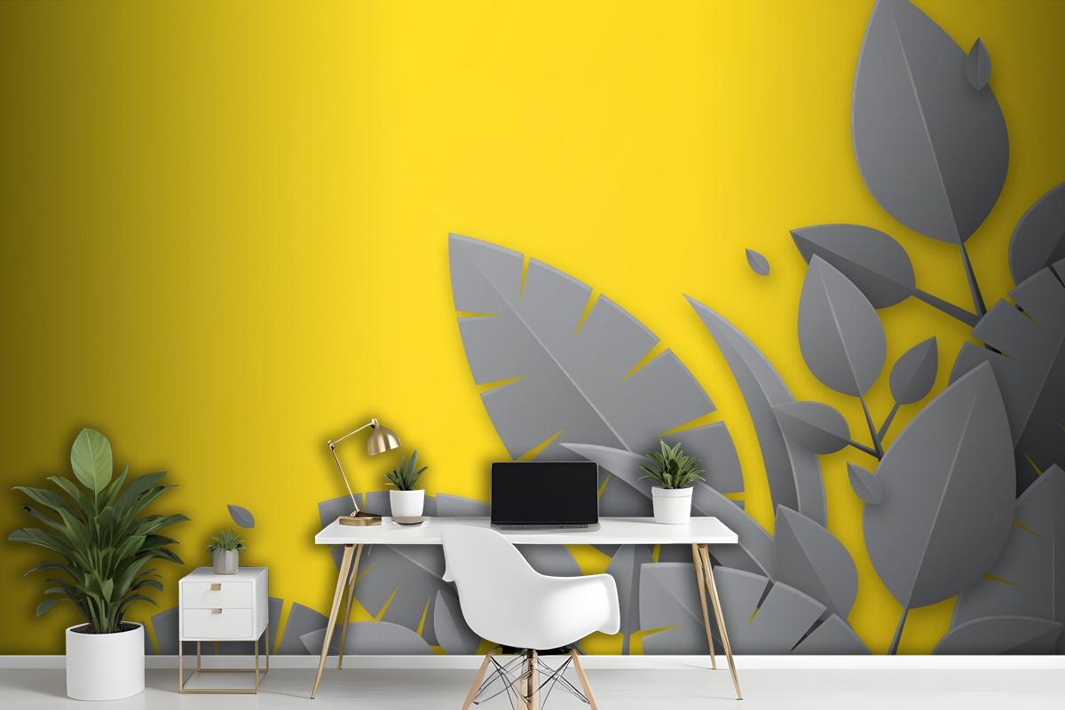 Yellow Background And Gray Leaves Office Wallpaper Mural