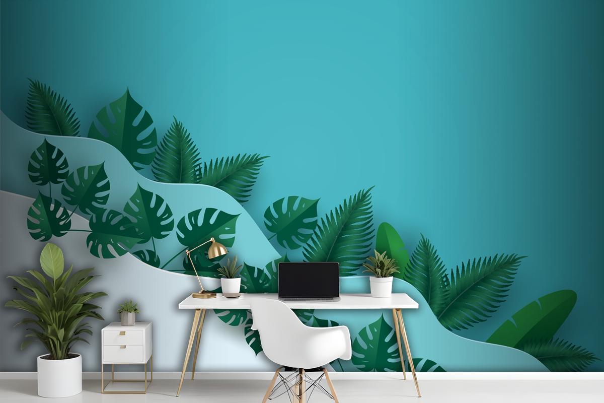 Green Leafs Or Foliage In Multi Wave Layer Wallpaper Mural