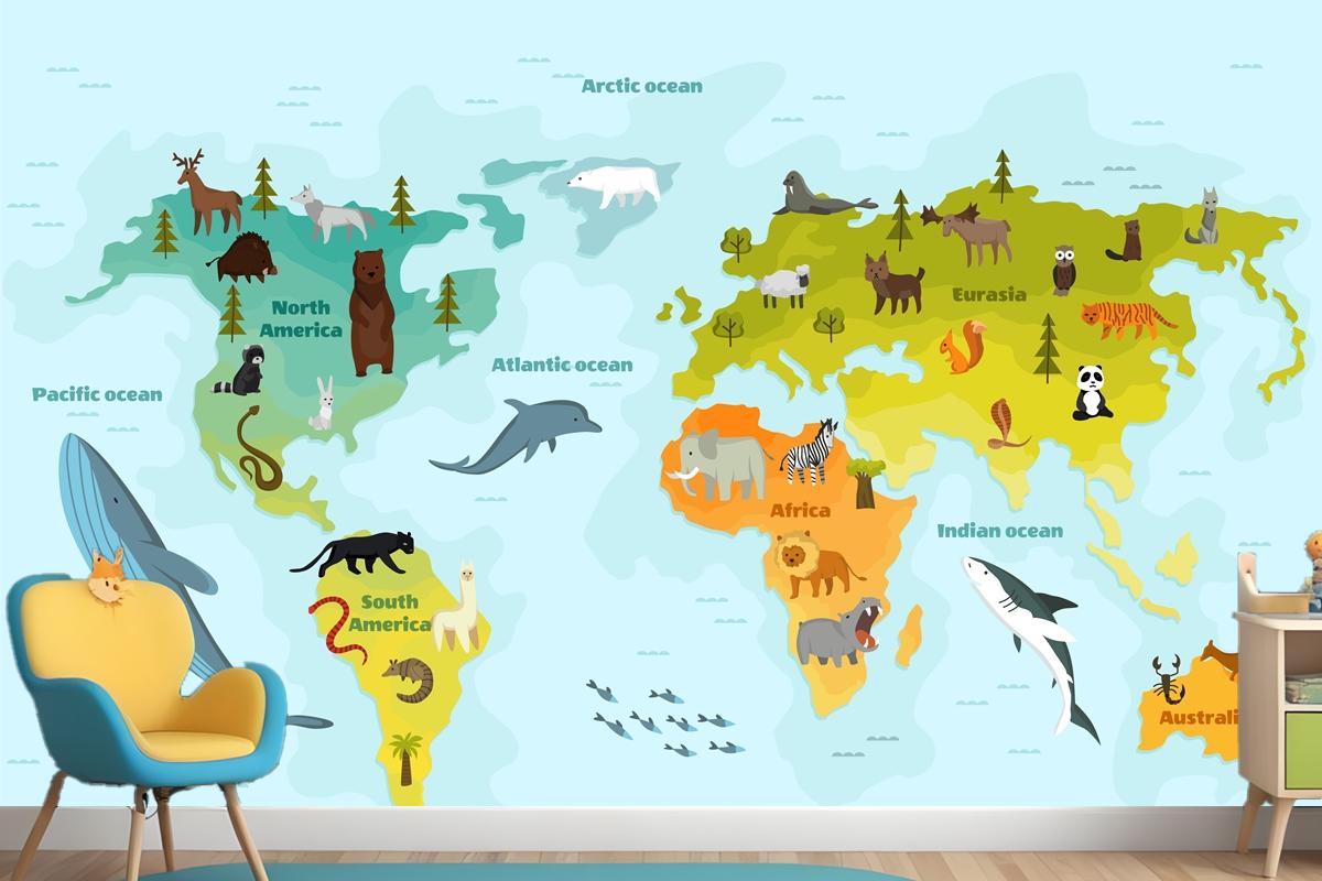 World Map With Different Animal Wallpaper Mural