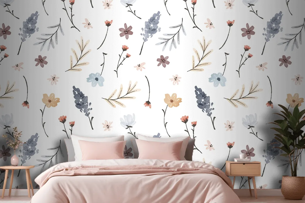 Hand Painted Watercolor Pressed Flowers Pattern Wallpaper Mural