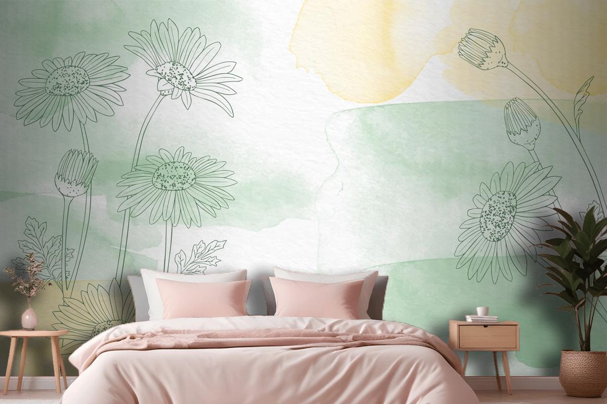 Hand Painted Background With Drawn Flowers Wallpaper Mural