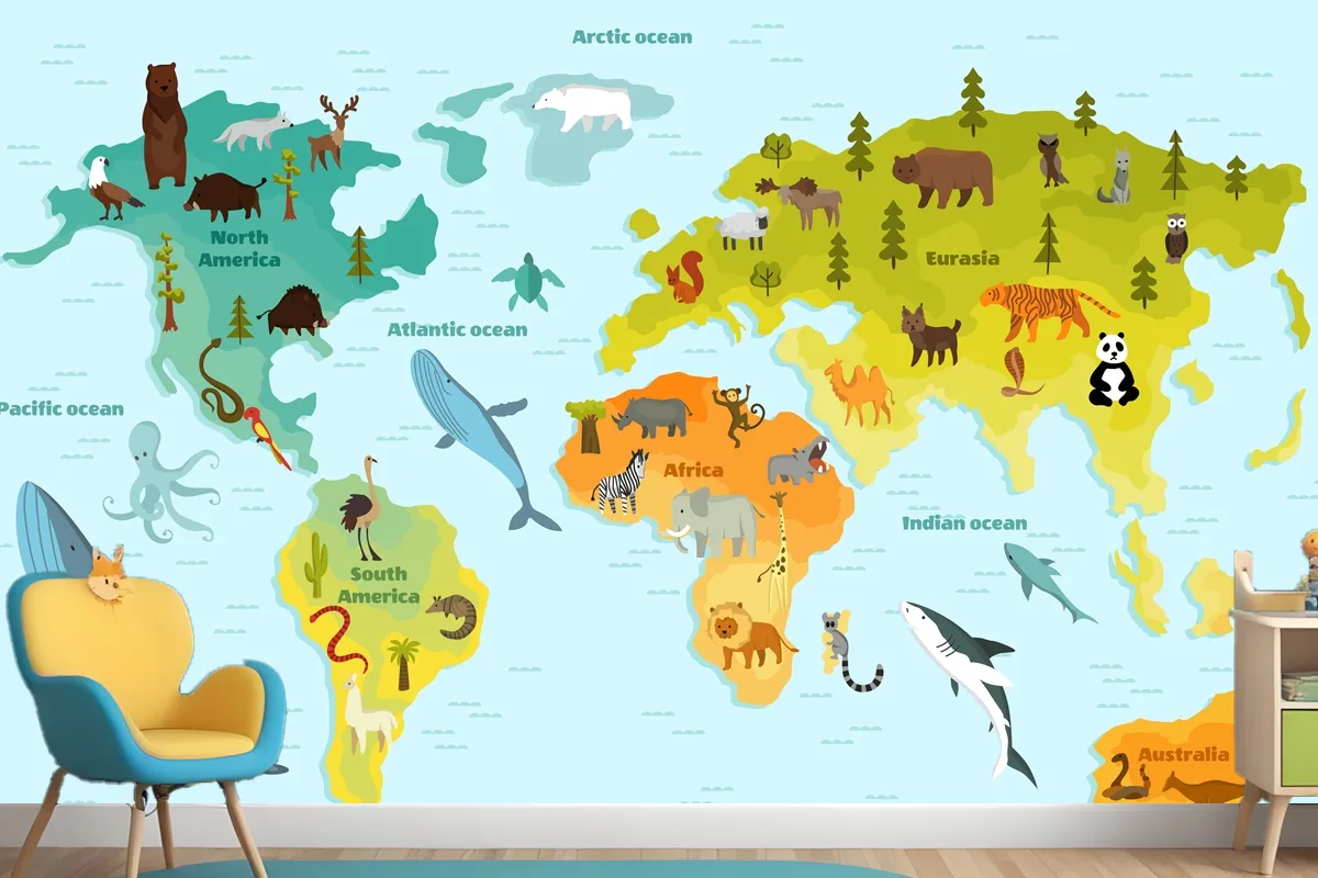 World Map With Different Animal Wallpaper Mural